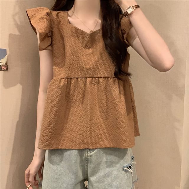 Peplum Plain Blouse Cap-Sleeve