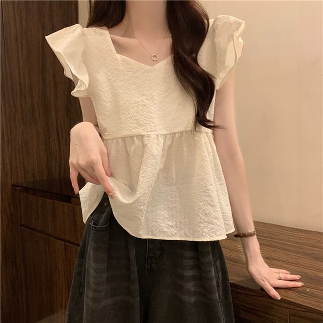 Peplum Plain Blouse Cap-Sleeve
