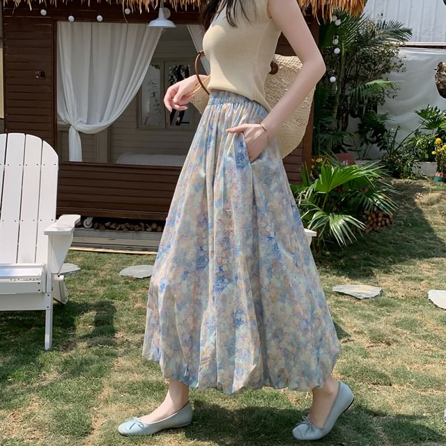 Midi Floral Waist Skirt Elastic A-Line