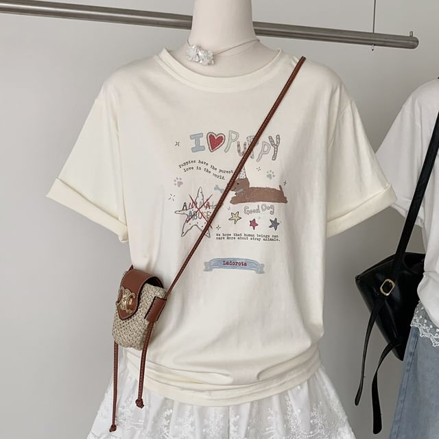 Neck Tee Cartoon Short-Sleeve Crew Print