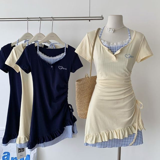 Sheath Two-Piece Panel Short-Sleeve Mini Dress Plaid Scoop Embroidered Mock Drawstring Heart Neck