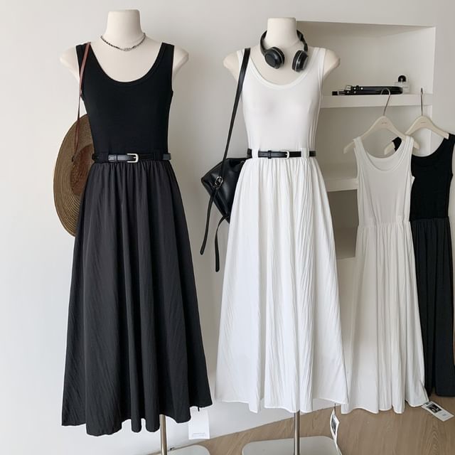 Dress Neck Scoop Plain A-Line Midi Sleeveless