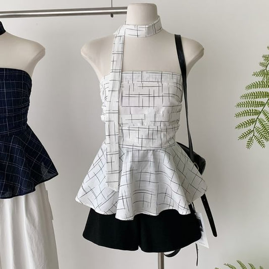 Peplum Set: + Plaid Skinny Tube Scarf Top