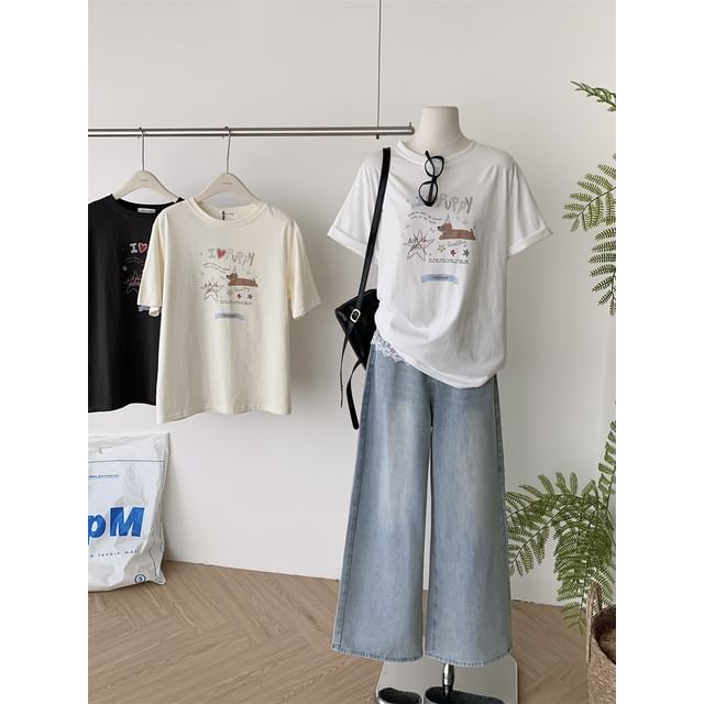 Neck Tee Cartoon Short-Sleeve Crew Print