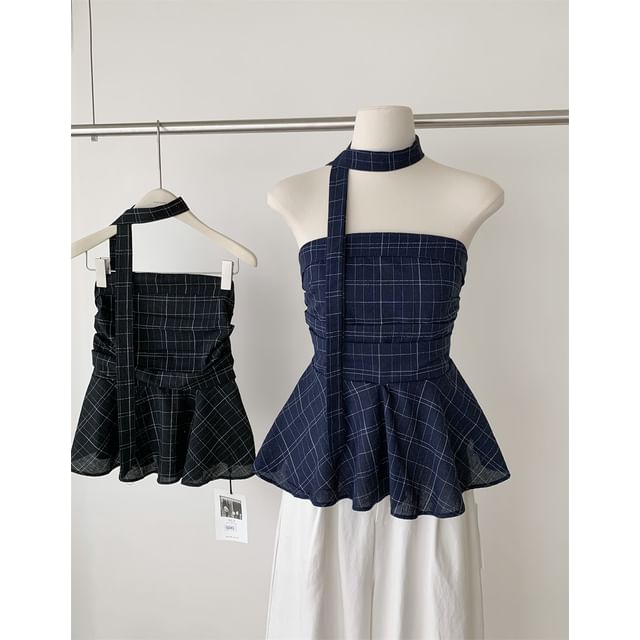 Peplum Set: + Plaid Skinny Tube Scarf Top