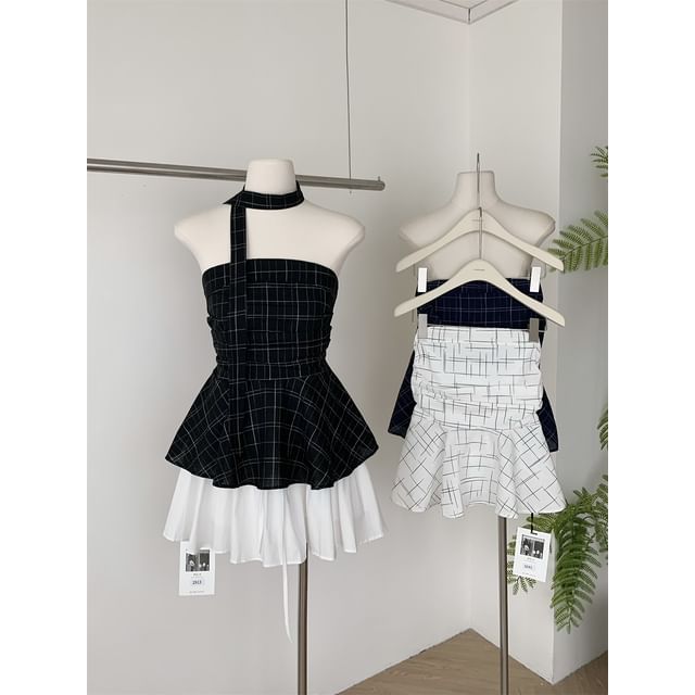 Peplum Set: + Plaid Skinny Tube Scarf Top