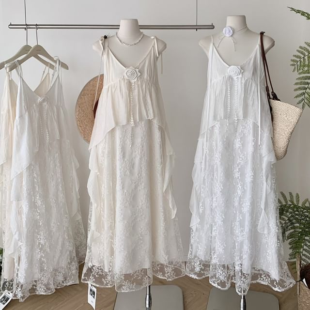 Maxi Lace Dress A-Line Spaghetti Strap V-Neck