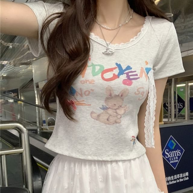 Tee Print Crop Crewneck Rabbit Short-Sleeve