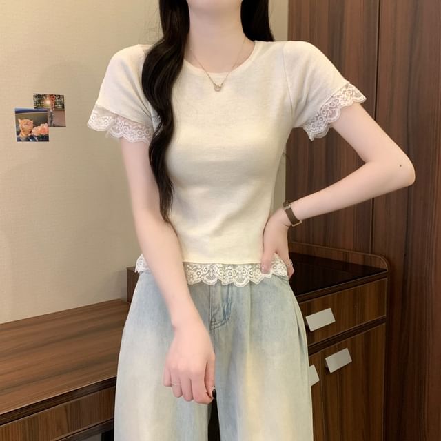 Plain Crewneck Trim Tee Short-Sleeve Lace