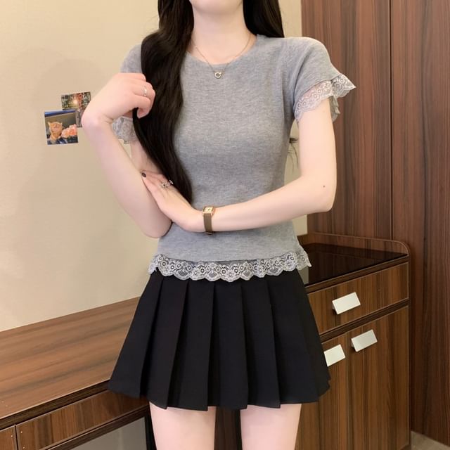 Plain Crewneck Trim Tee Short-Sleeve Lace