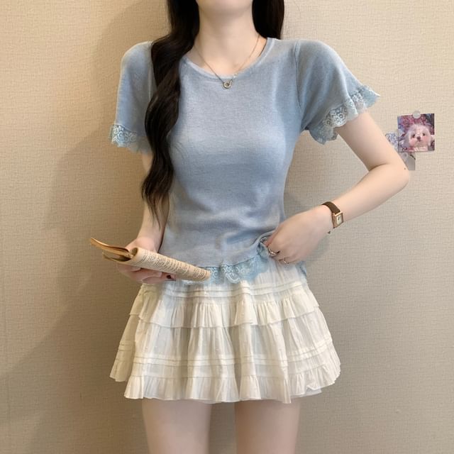Plain Crewneck Trim Tee Short-Sleeve Lace