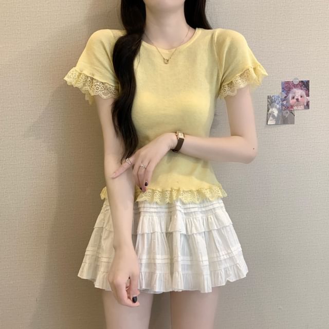 Plain Crewneck Trim Tee Short-Sleeve Lace