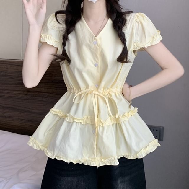 Shirt Frill Plain V-Neck Trim Short-Sleeve Flowy