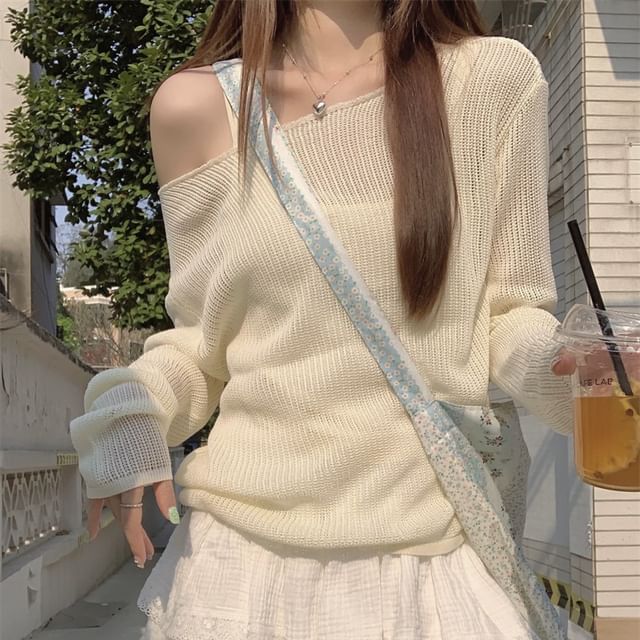 Top + Knit Sleeveless Set: Plain Long-Sleeve