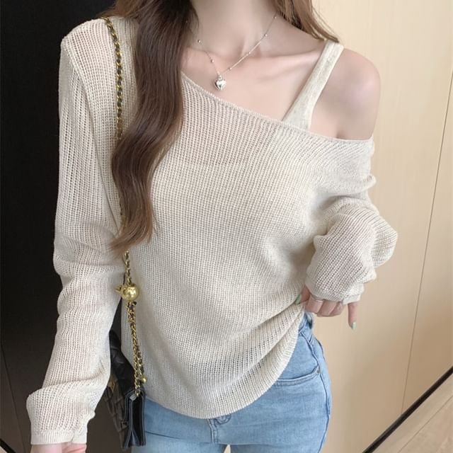 Top + Knit Sleeveless Set: Plain Long-Sleeve