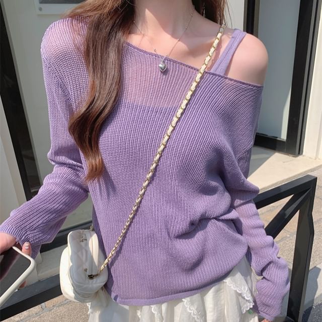 Top + Knit Sleeveless Set: Plain Long-Sleeve