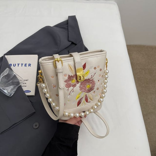 Pearl Faux Bucket Strap Embroidered Bag Floral