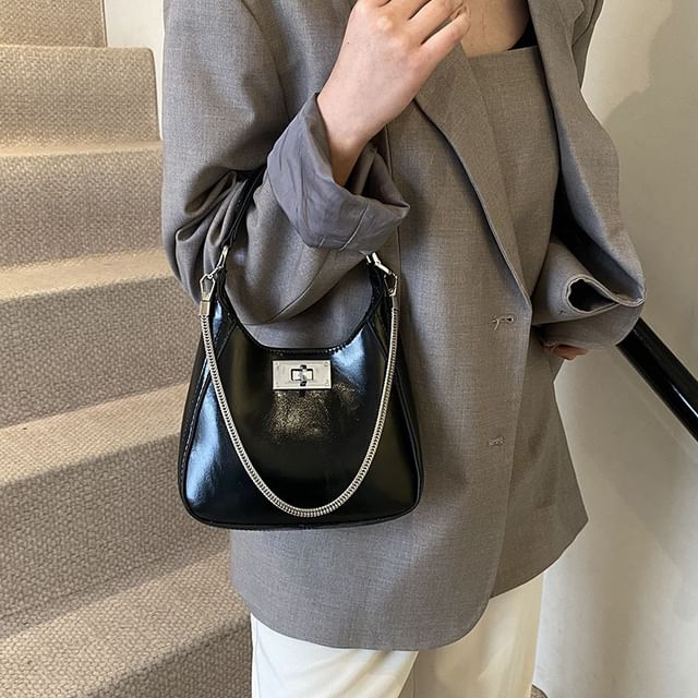 Leather Lock Crossbody Bag Top Handle Faux Twist