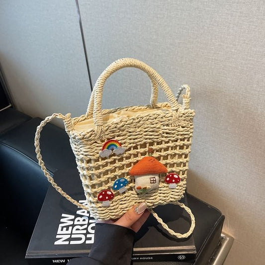 Straw Top Applique Bag Handle Mushroom Crossbody