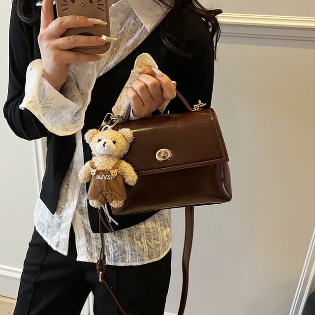 Bag Set Flap Twist Lock Handle Faux Crossbody Charm Leather Top /