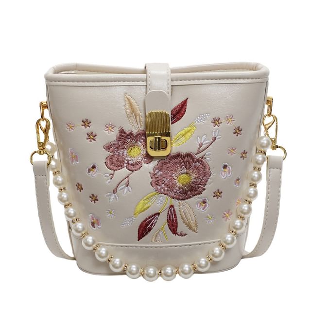 Pearl Faux Bucket Strap Embroidered Bag Floral