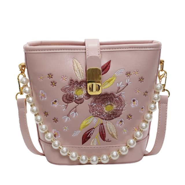Pearl Faux Bucket Strap Embroidered Bag Floral