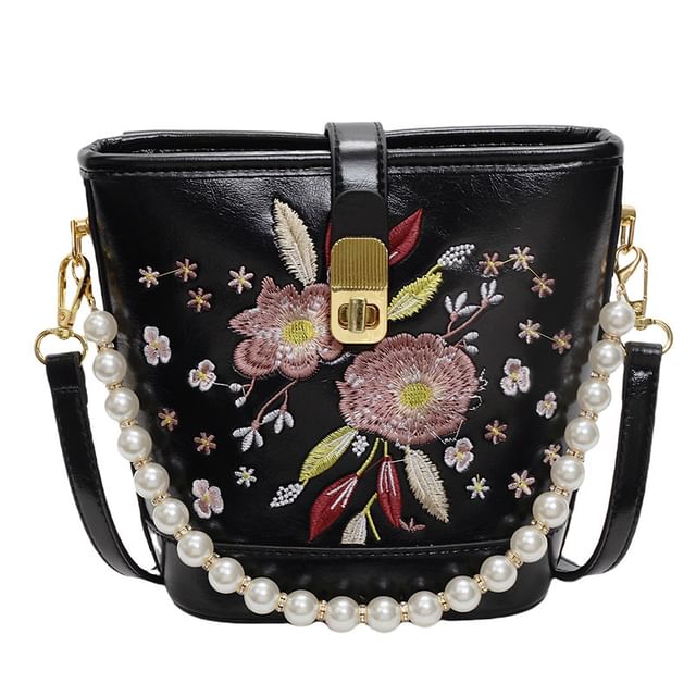 Pearl Faux Bucket Strap Embroidered Bag Floral