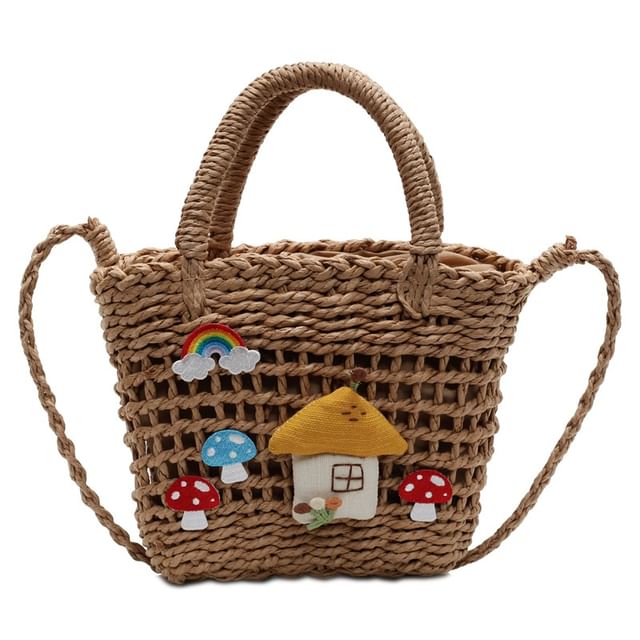 Straw Top Applique Bag Handle Mushroom Crossbody