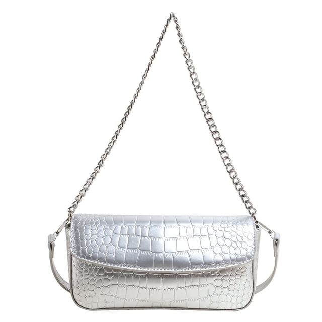 Leather Crossbody Strap Bag Faux Textured Flap Chain