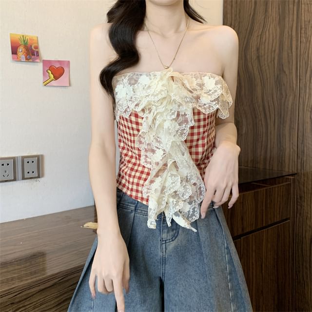 Gingham Lace Panel Tube Top Crop