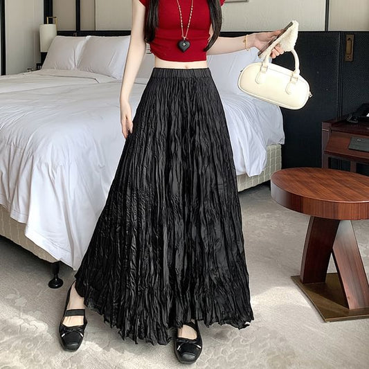 Waist Plain High Asymmetrical Crinkle Maxi Skirt A-Line