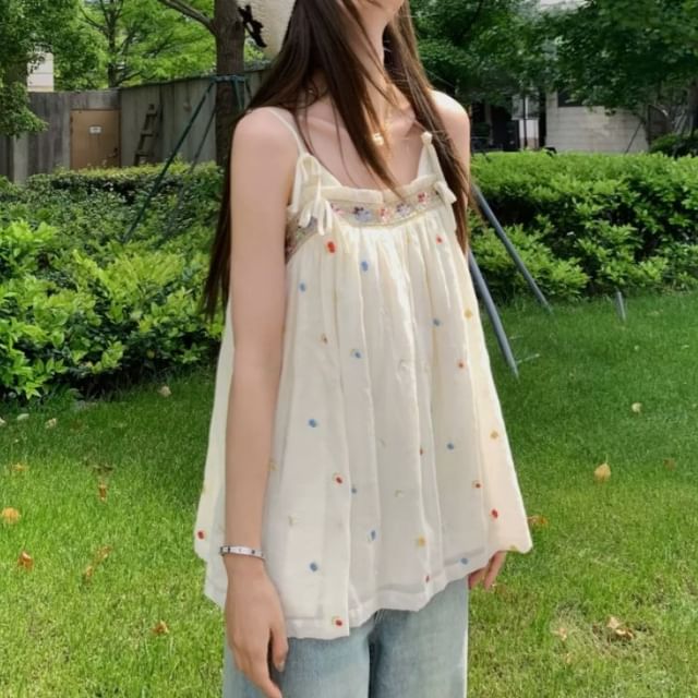 Embroidered Top Trim Accent Flowy Camisole Frill Bow