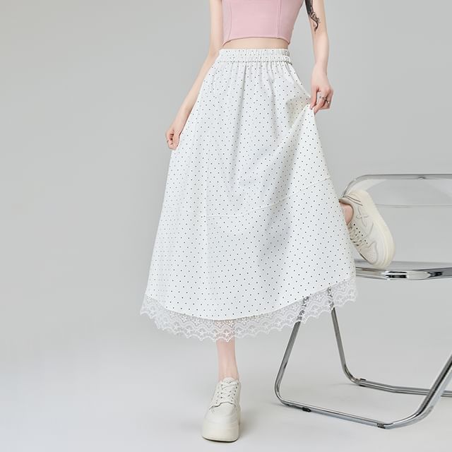 Midi Lace Panel Dotted High A-Line Skirt Waist