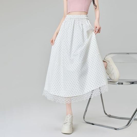 Midi Lace Panel Dotted High A-Line Skirt Waist