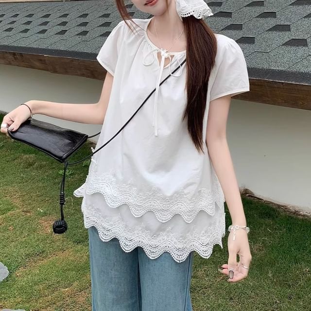 Neck Lace Tie Plain Notch Blouse Short-Sleeve Layered Front Panel
