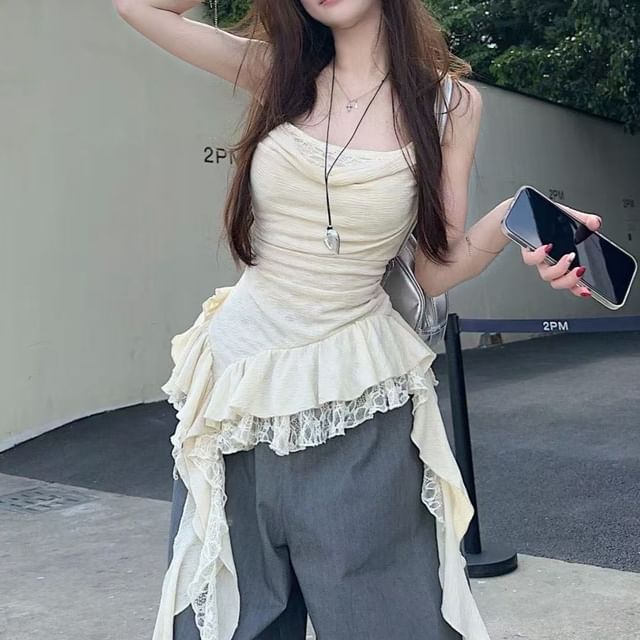 Hem Cowl Camisole Top Neck Lace Panel Asymmetrical Ruffle