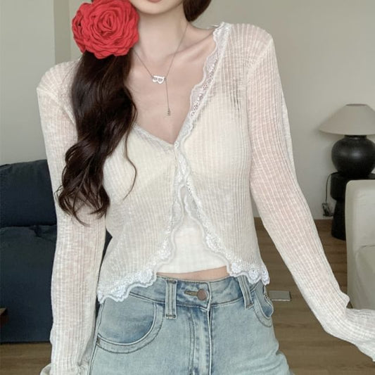 Lace Cardigan Plain One-Buttoned V-Neck Crop Sheer Trim