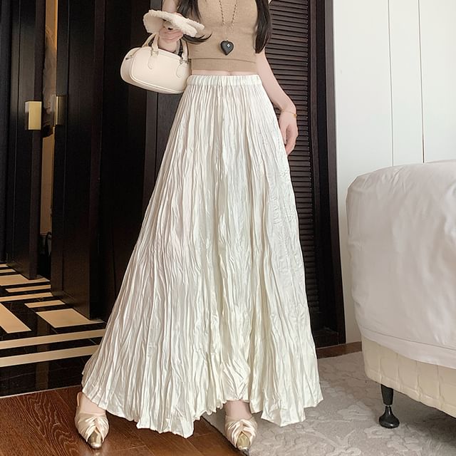 Waist Plain High Asymmetrical Crinkle Maxi Skirt A-Line