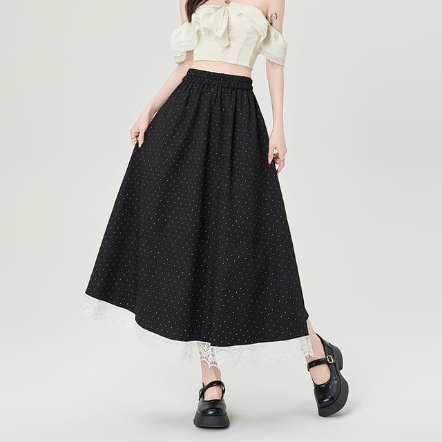 Midi Lace Panel Dotted High A-Line Skirt Waist
