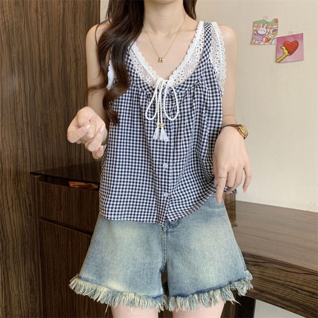 Two-Piece Crop Top Button-Up Panel Gingham Mock V-Neck Tank Lace