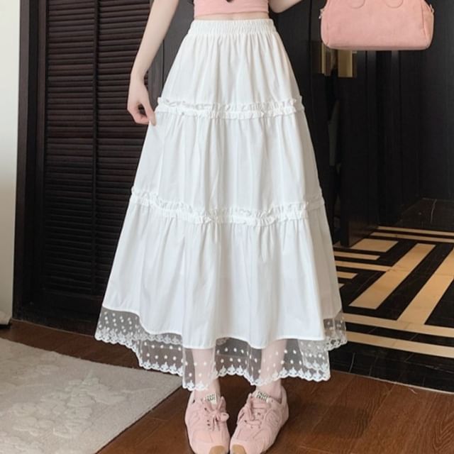High Skirt Panel Midi Trim Lace Waist A-Line Frill