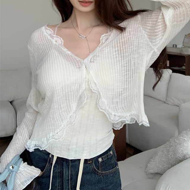 Lace Cardigan Plain One-Buttoned V-Neck Crop Sheer Trim
