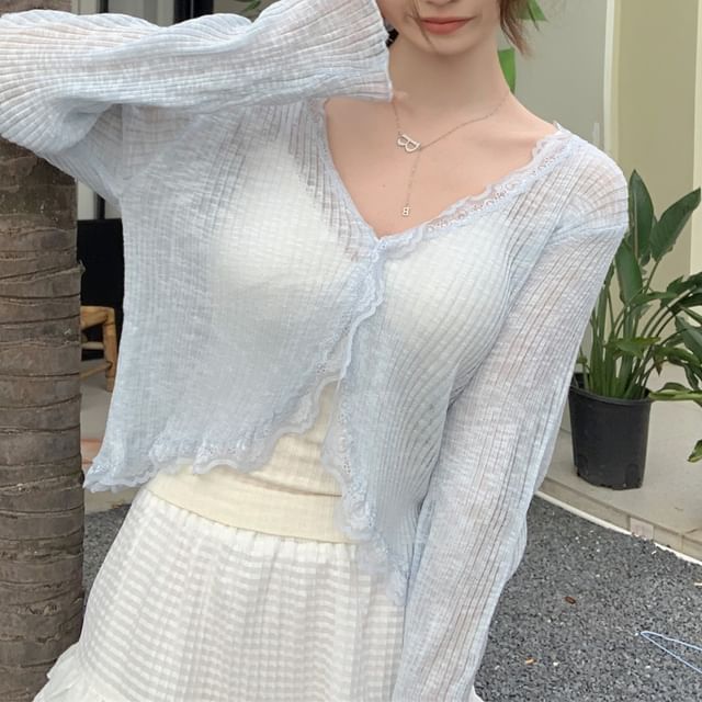 Lace Cardigan Plain One-Buttoned V-Neck Crop Sheer Trim