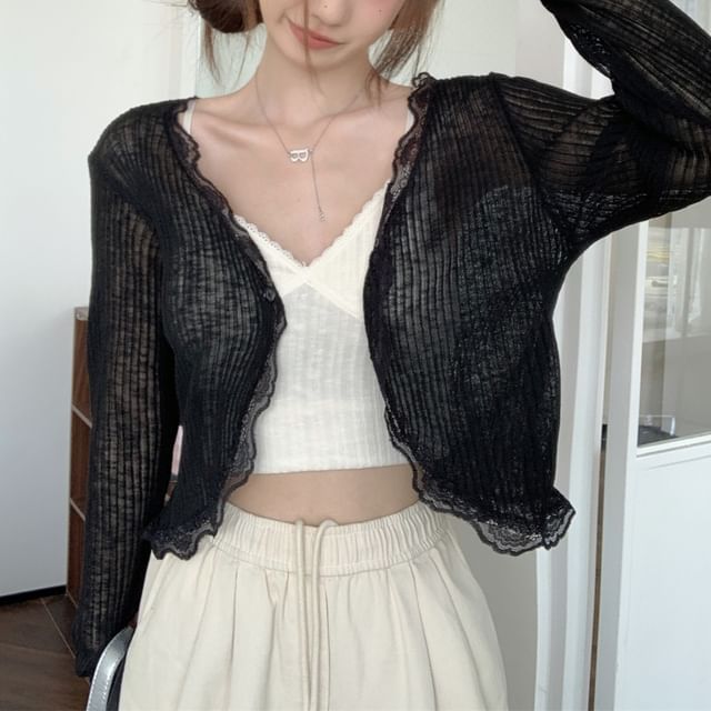 Lace Cardigan Plain One-Buttoned V-Neck Crop Sheer Trim