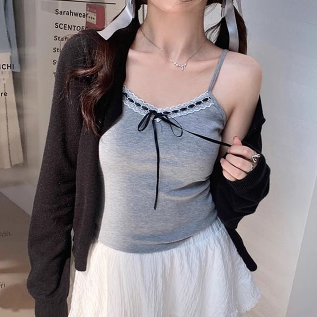 Trim Plain Crop Top Lace Accent Bow V-Neck Cami