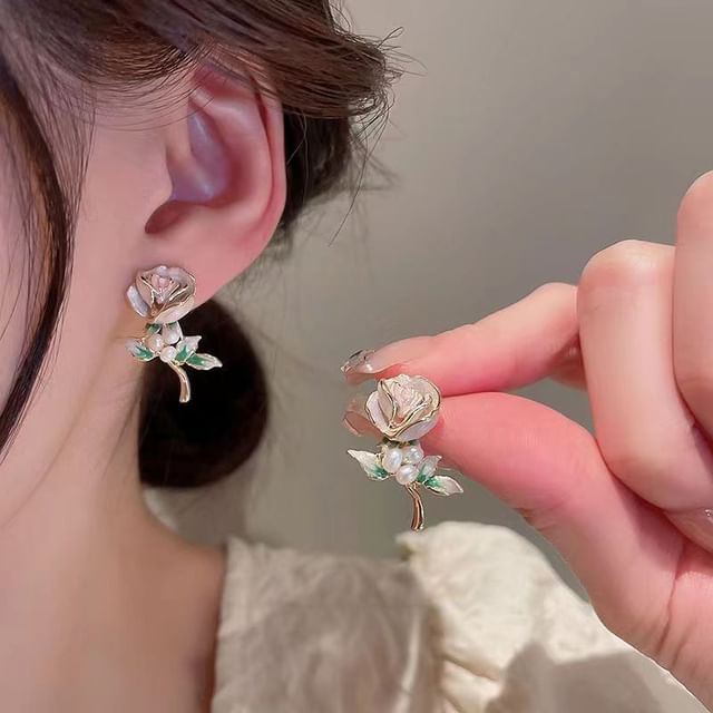 Floral Alloy Asymmetrical Earring Enamel