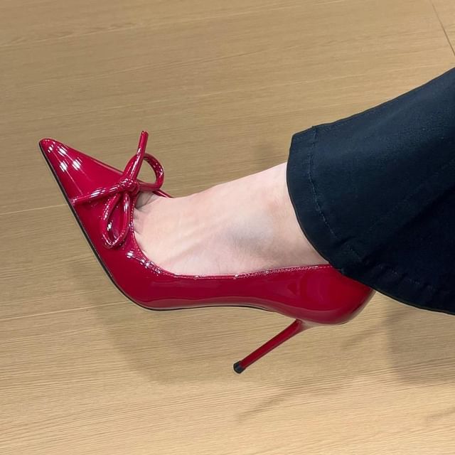 Leather Pointed Toe Bow Stiletto Patent Pumps