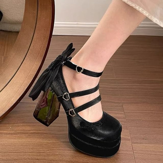 Floral Platform Heel Mary Bow Block Jane Pumps