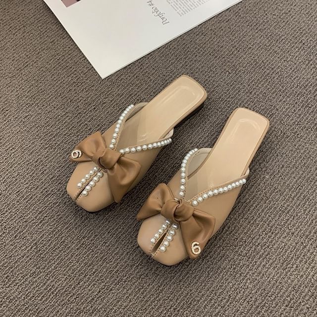 Mules Square Bow Faux Toe Pearl