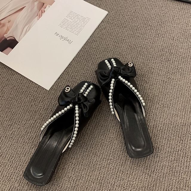 Mules Square Bow Faux Toe Pearl